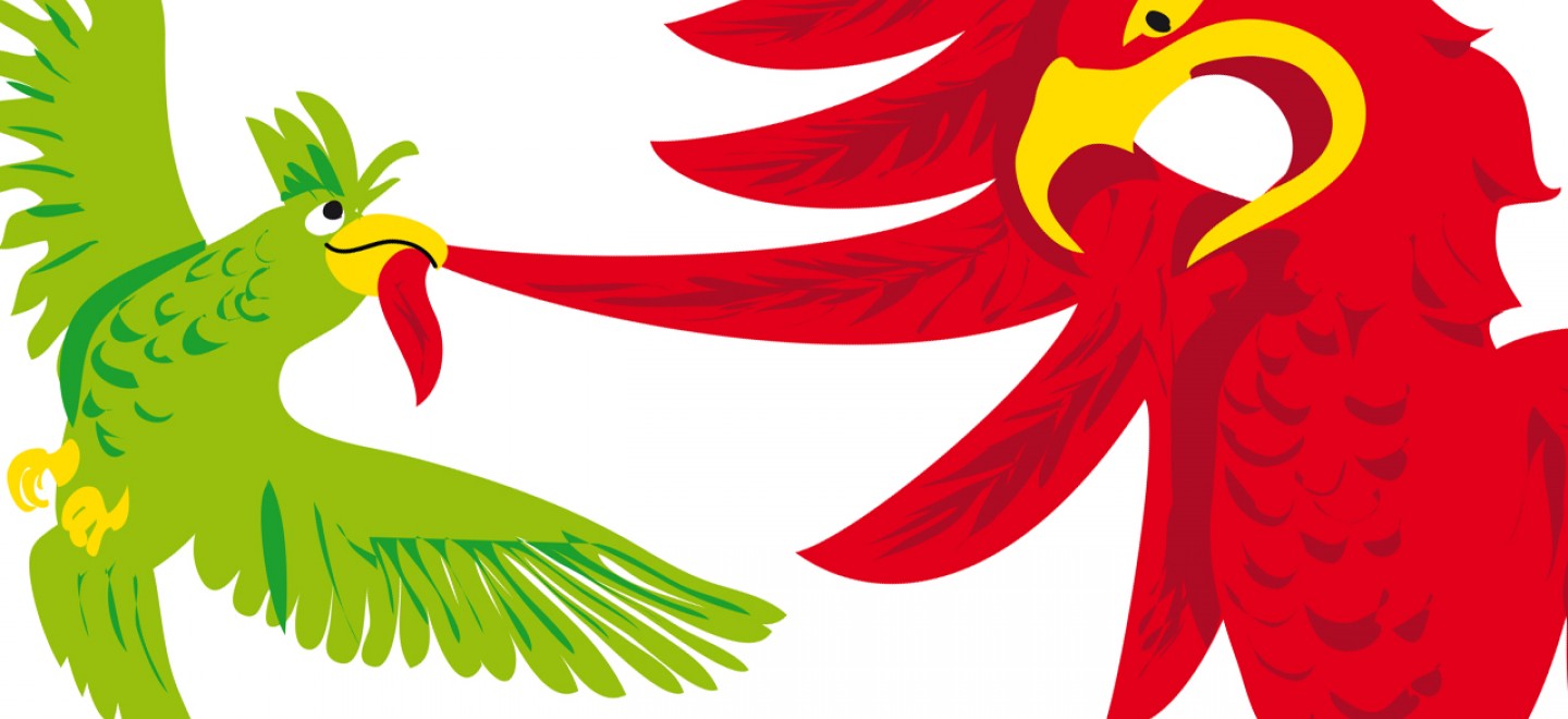 Illustration: Grüner Kakadu zieht den roten Adler an einer Feder in die "richtige" Richtung © zitrusblau.de/Kristina Heldmann