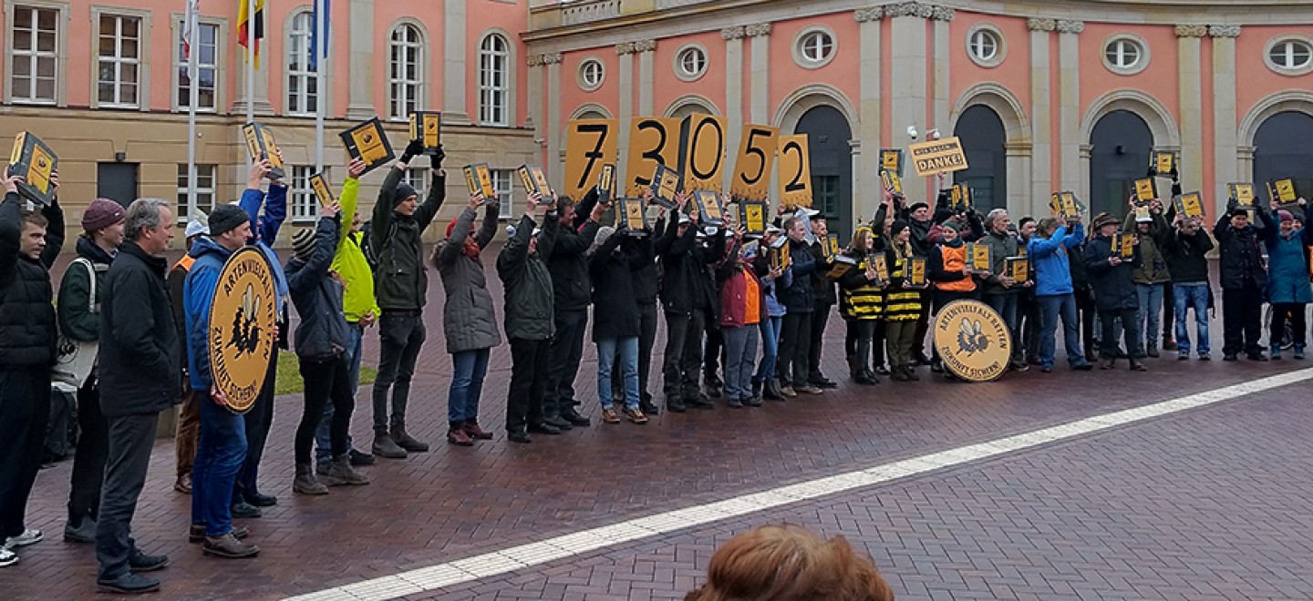 Die Volksinitiative "Artenvielfalt retten" übergibt mehr als 70.000 Unterschriften an die Vize-Landtagspräsidentin. Hier stehen die Unterstützer*innen im Landtagsinnenhof. © M. Mangold / Fraktion