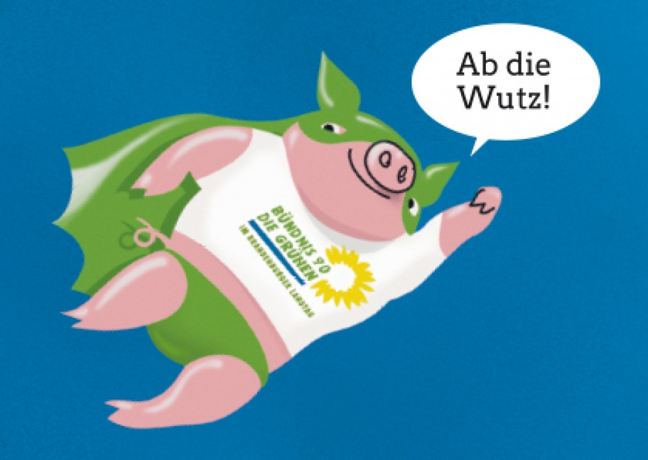 Superschwein mit Sprechblase „Ab die Wutz!“ © zitrusblau.de