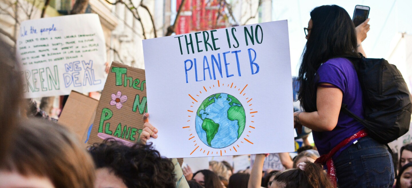 Foto von Klimademo mit Plakat: There is no Planet B.
