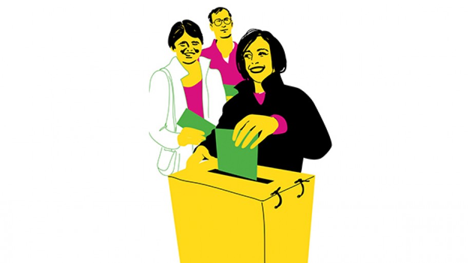 Illustration: WählerInnen an der Wahlurne © Kristina Heldmann/Zitrusblau