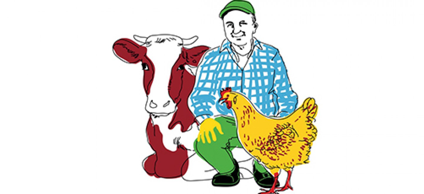 Illustration: Ein Bauer mit seinen glücklichen Tieren © Kristina Heldmann/Zitrusblau