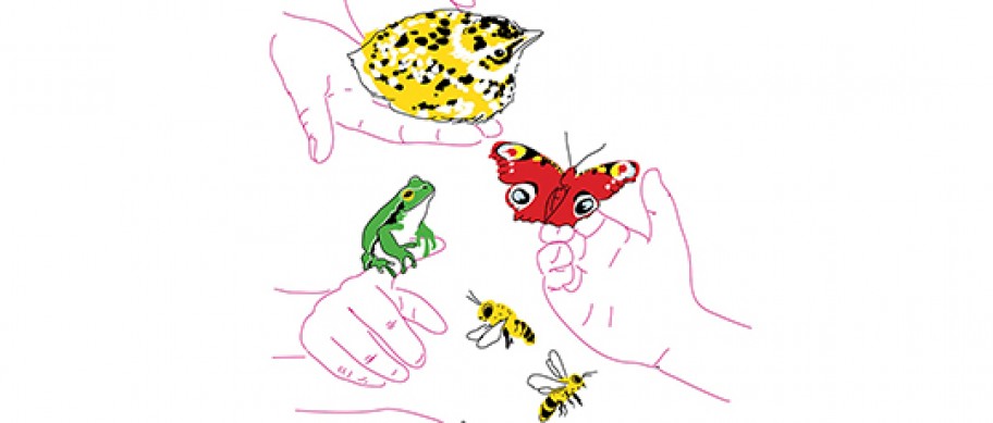 Illustration: Hände mit vom Aussterben bedrohten Tierarten © Kristina Heldmann/Zitrusblau