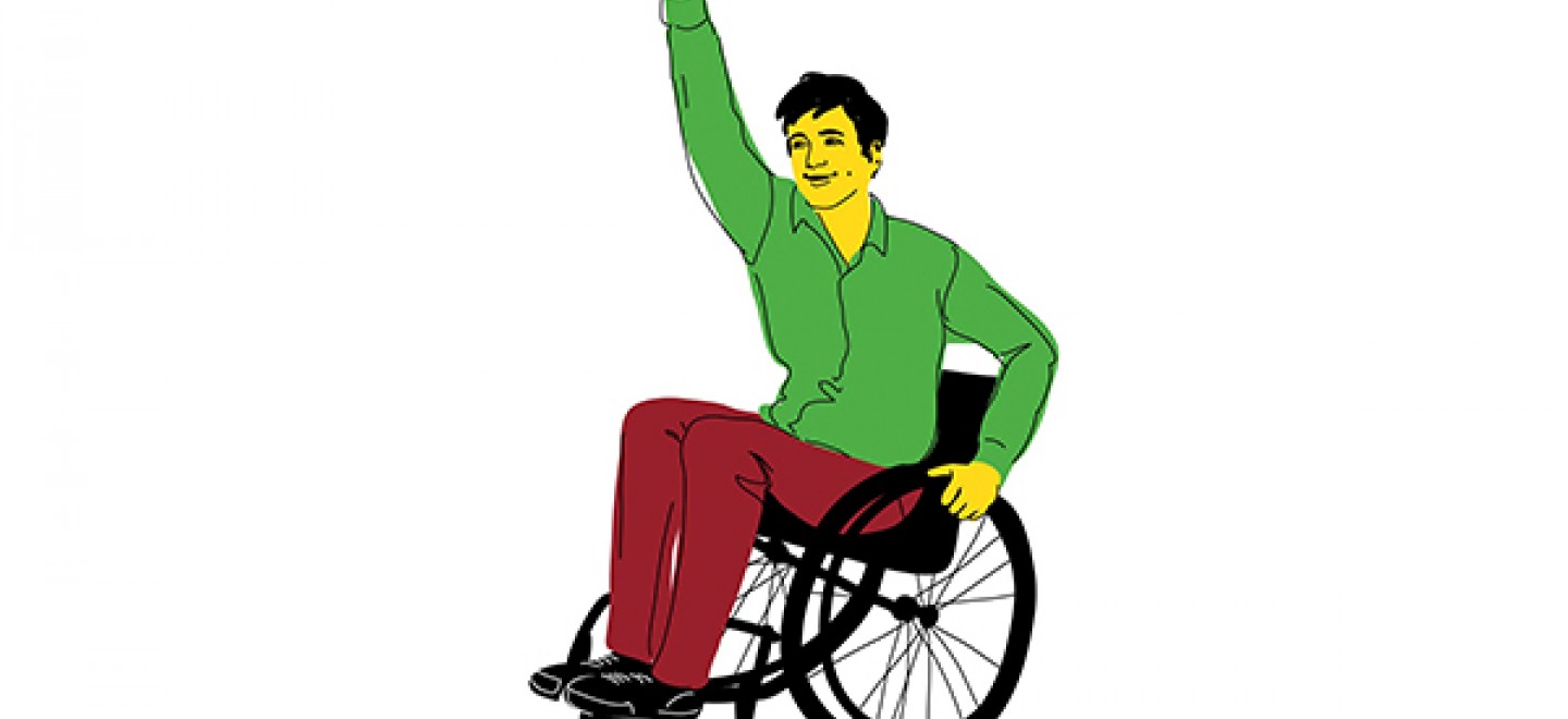 Illustration: Rollstuhlfahrer reckt selbstbewusst Faust in die Luft © Kristina Heldmann/Zitrusblau