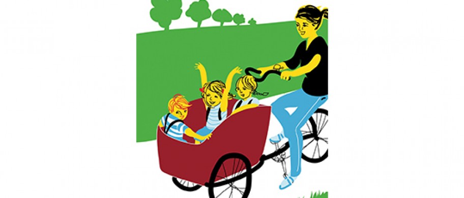 Illustration: Eine Frau mit Kindern auf dem Lastenrad © Kristina Heldmann/Zitrusblau
