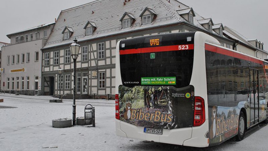 Linienbus in der Uckermark mit Werbung für den "Biberbus" auf dem Michael Jungclaus abgegildet ist © Klaus Pape